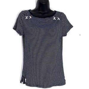 Lauren Ralph Lauren M Navy White Striped Boat Neck Rope Accent Shirt Nautical